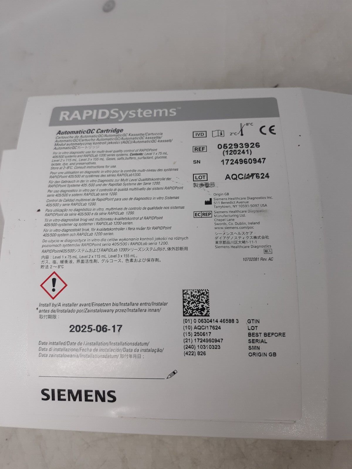 Siemens RAPIDSystems AutomaticQC Cartridge 05293926 for RAPIDPoint 405/500/550/1