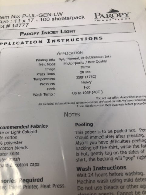PAROPY INKJET LIGHT TRANSFER PAPER - Tablet Size 11"x17" PACKAGE (100 SHEETS)