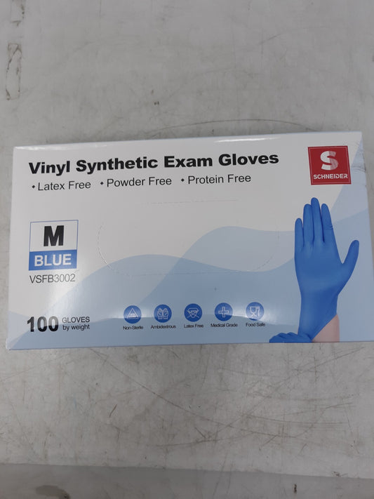 Schneider Vinyl Synthetic Exam Gloves - Medium - Blue - 100 Pack - Latex & Powde
