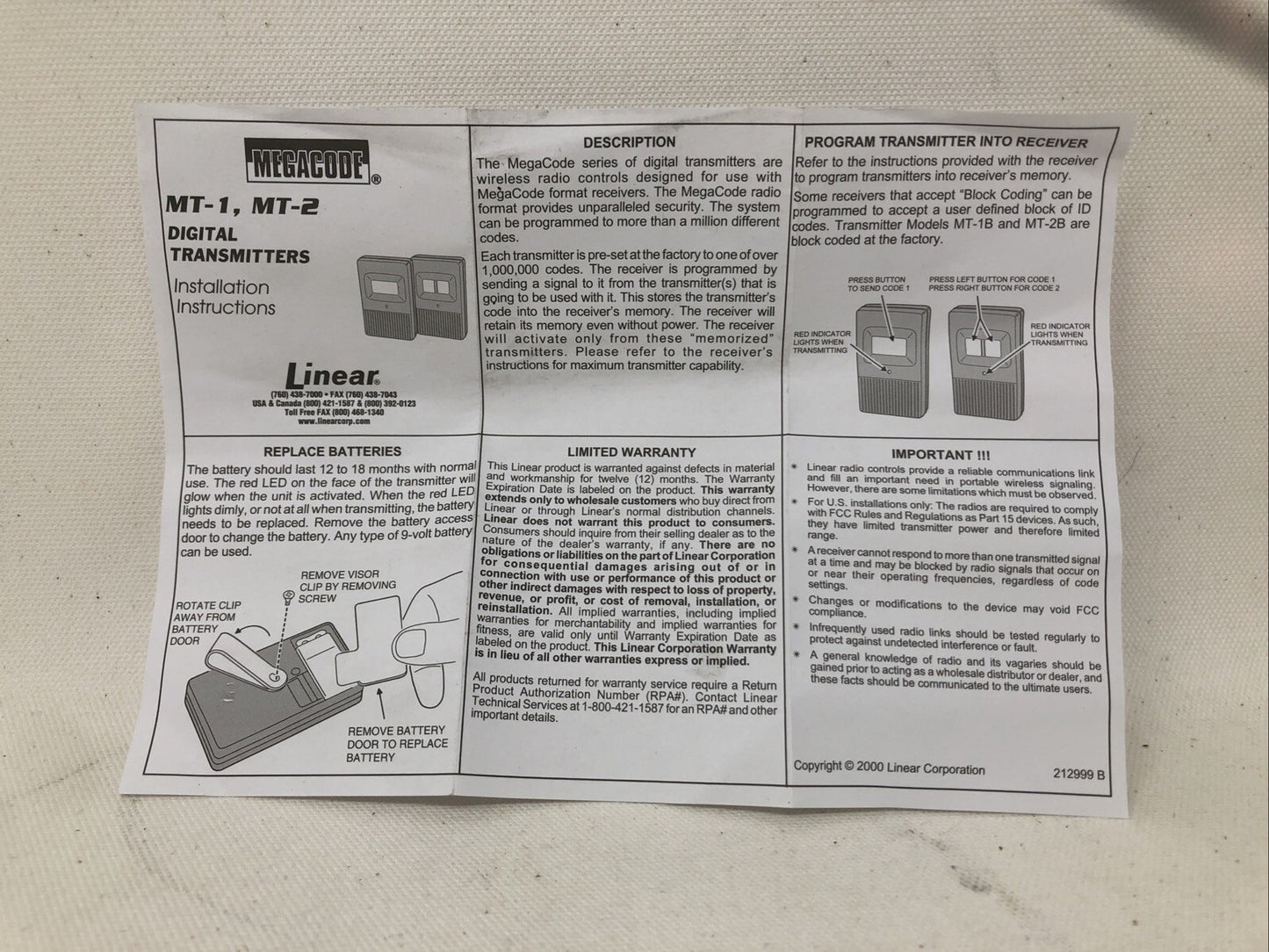 lINEAR MT-1B MEGACODE VISOR TRANSMITTER NEW WITH INSTRUCTIONS GATE  OPENER