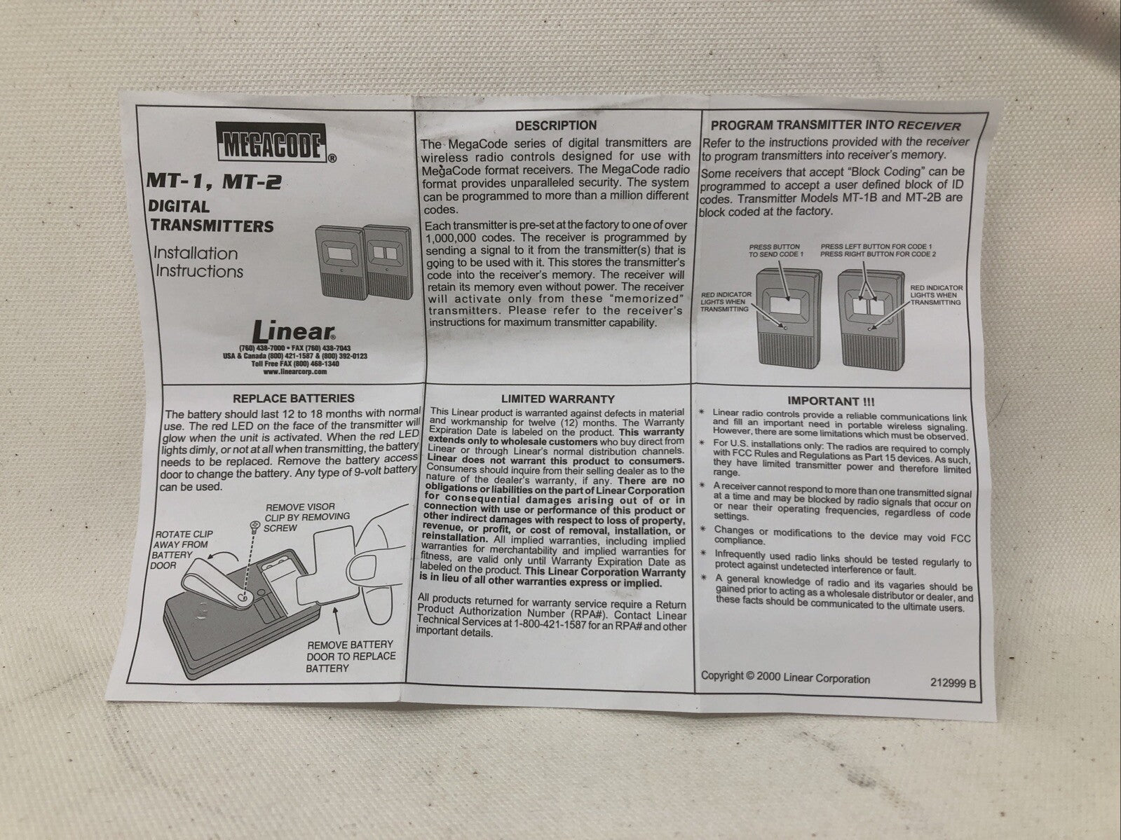 lINEAR MT-1B MEGACODE VISOR TRANSMITTER NEW WITH INSTRUCTIONS GATE  OPENER