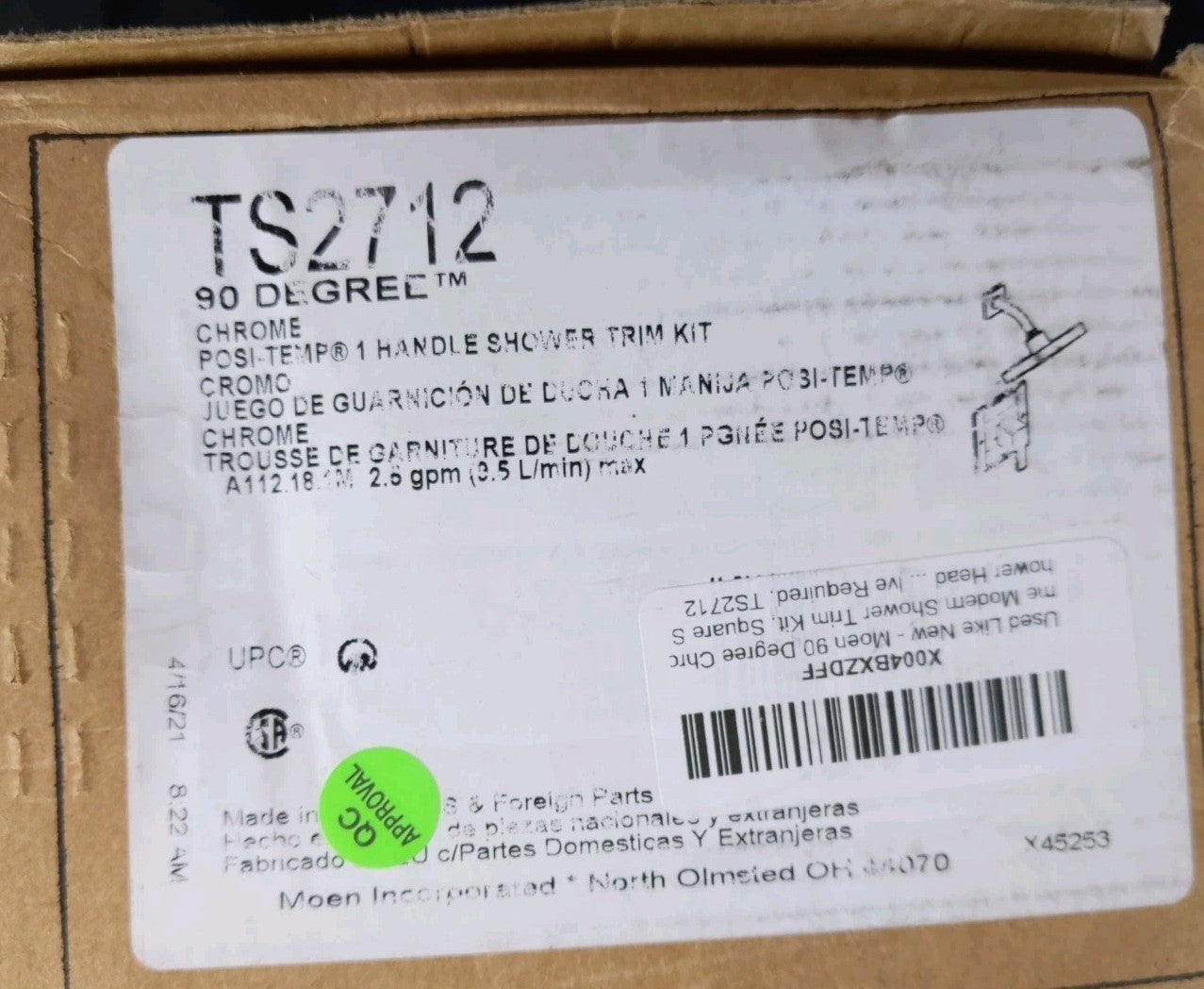 Moen TS2712EP 90 Degree Posi-Temp Pressure Balanced Shower Trim Kit Chrome