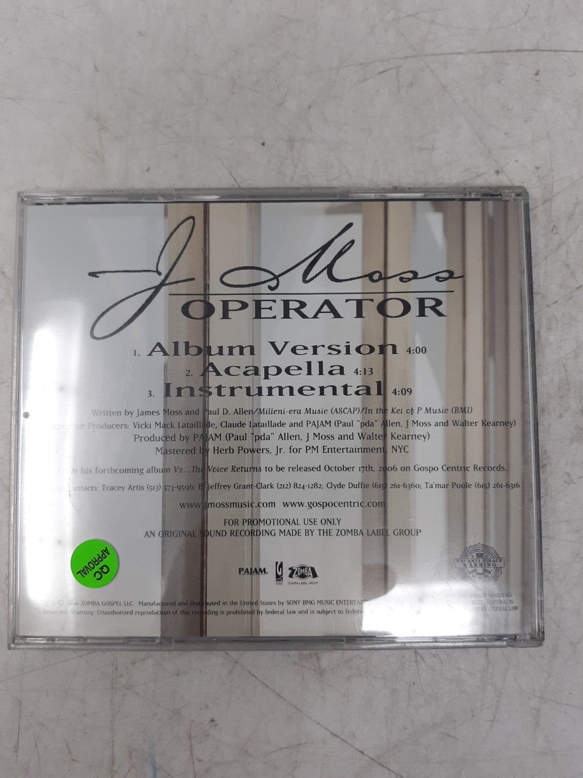 J Moss – Operator (CD Single, 2006) Promo Release PAJAM Zomba Gospel