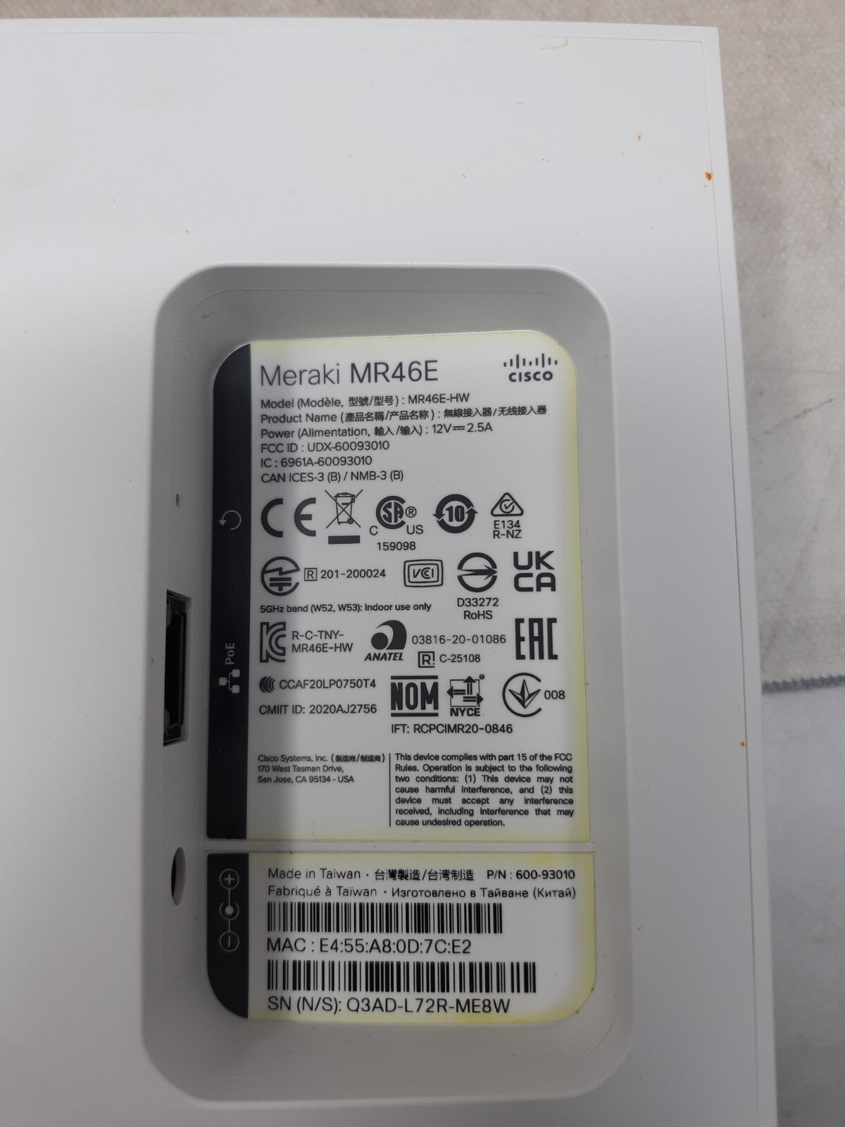 Meraki MR46E MR46E-HW Cloud-Managed Wi-Fi 6 Access Point