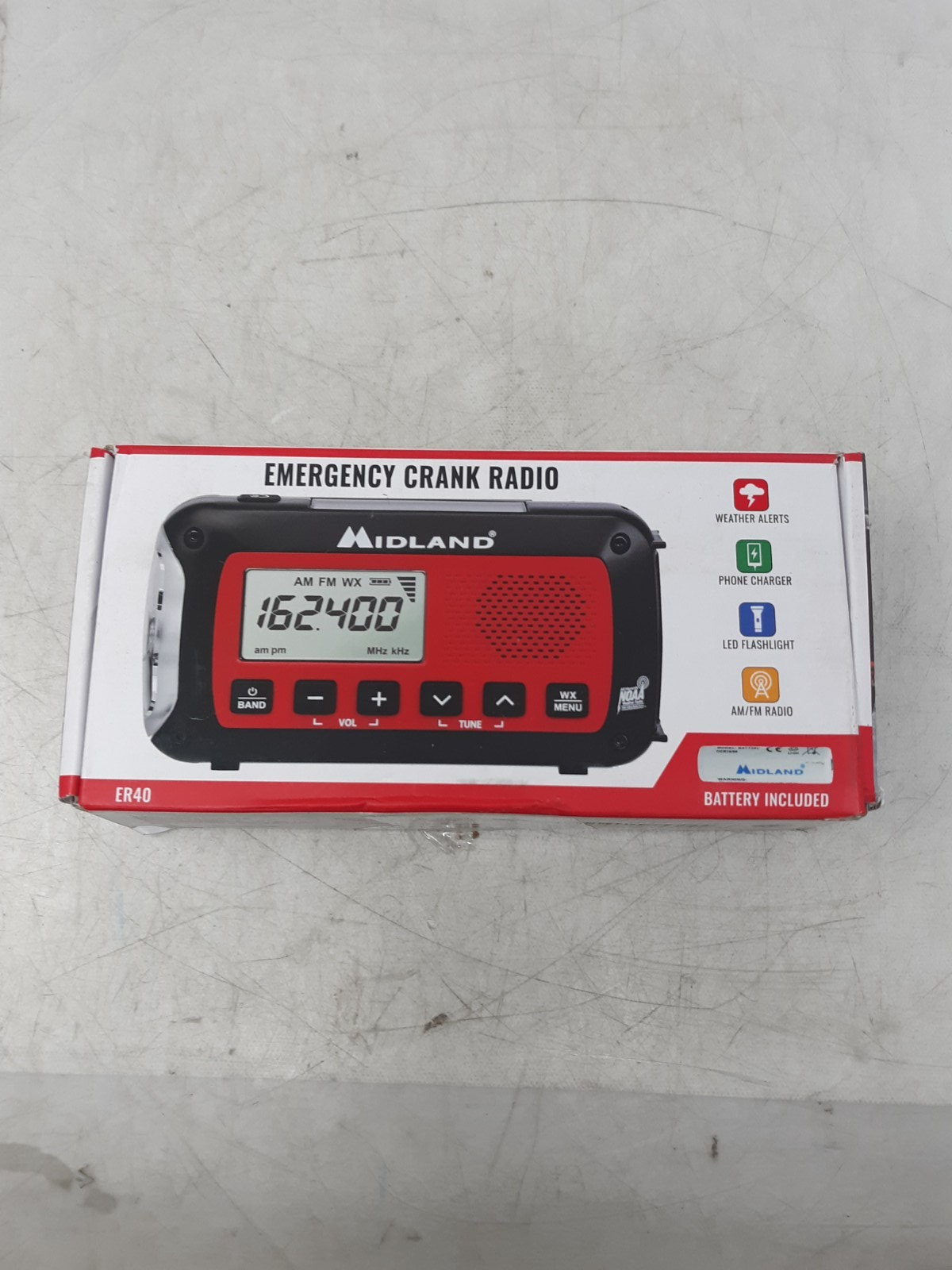Midland ER40 Emergency Weather Alert Crank Radio AM/FM NOAA USB Charger Red