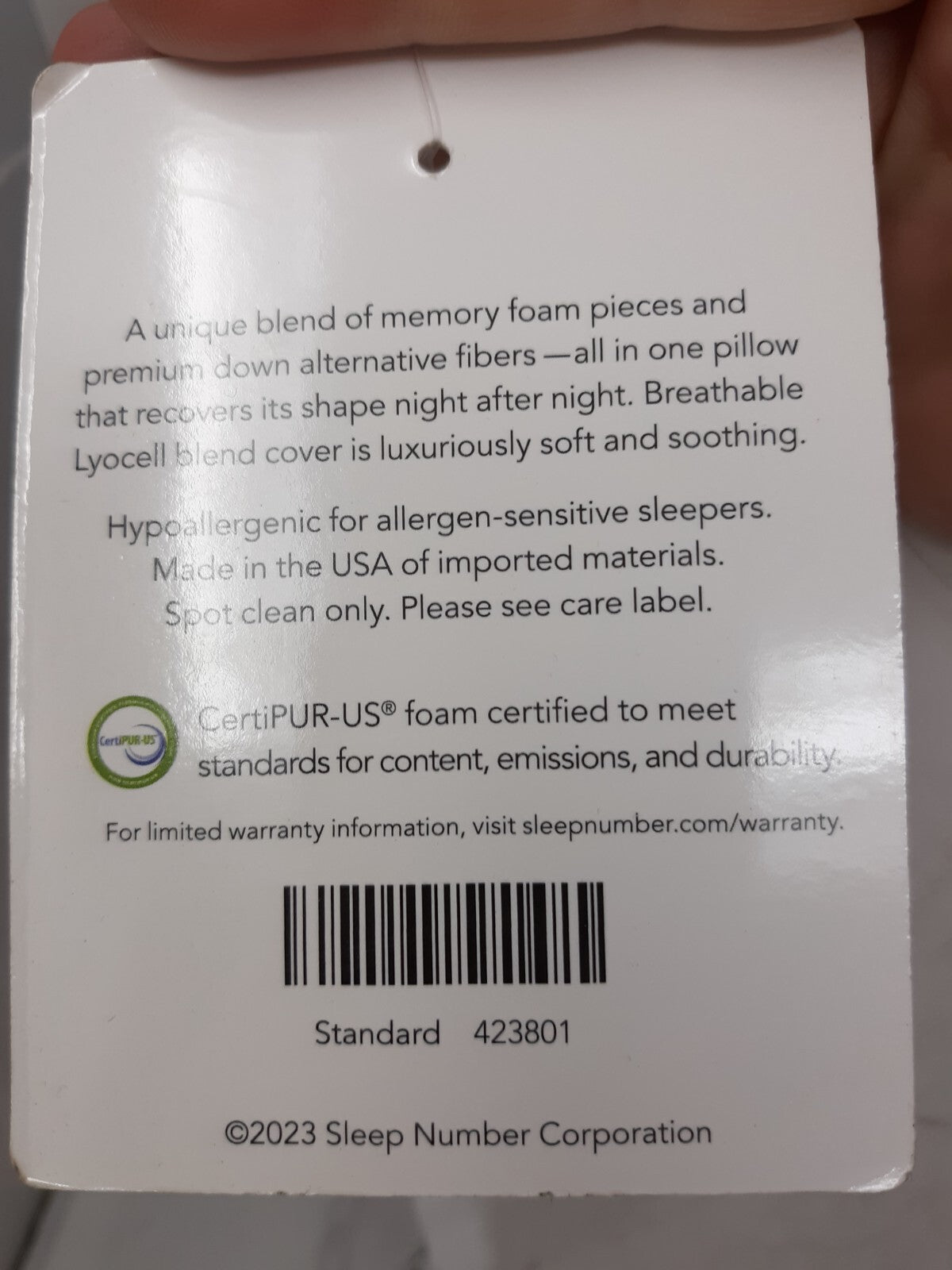 Sleep Number ComfortFit Pillow Classic Standard Size 423801 Hypoallergenic