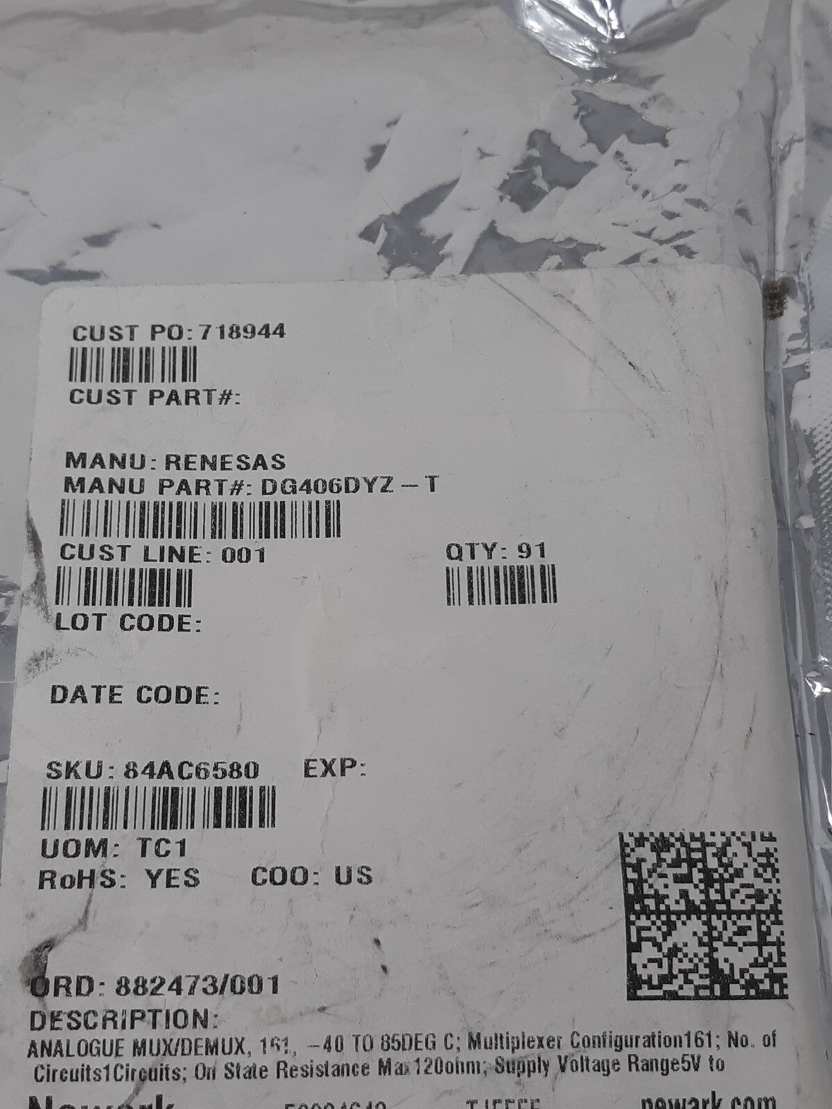 RENESAS DG406DYZ-T Analouge Mux/Demux 91Pcs
