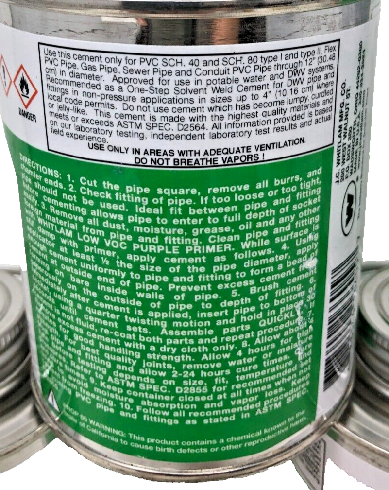 Lot of 5 - Whitlam Low VOC Clear Heavy Duty One Step PVC Cement 16 oz.