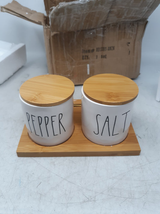 RD Salt & Pepper Cellars – Ceramic Jars with Bamboo Lids, Tray & Brass Spoon