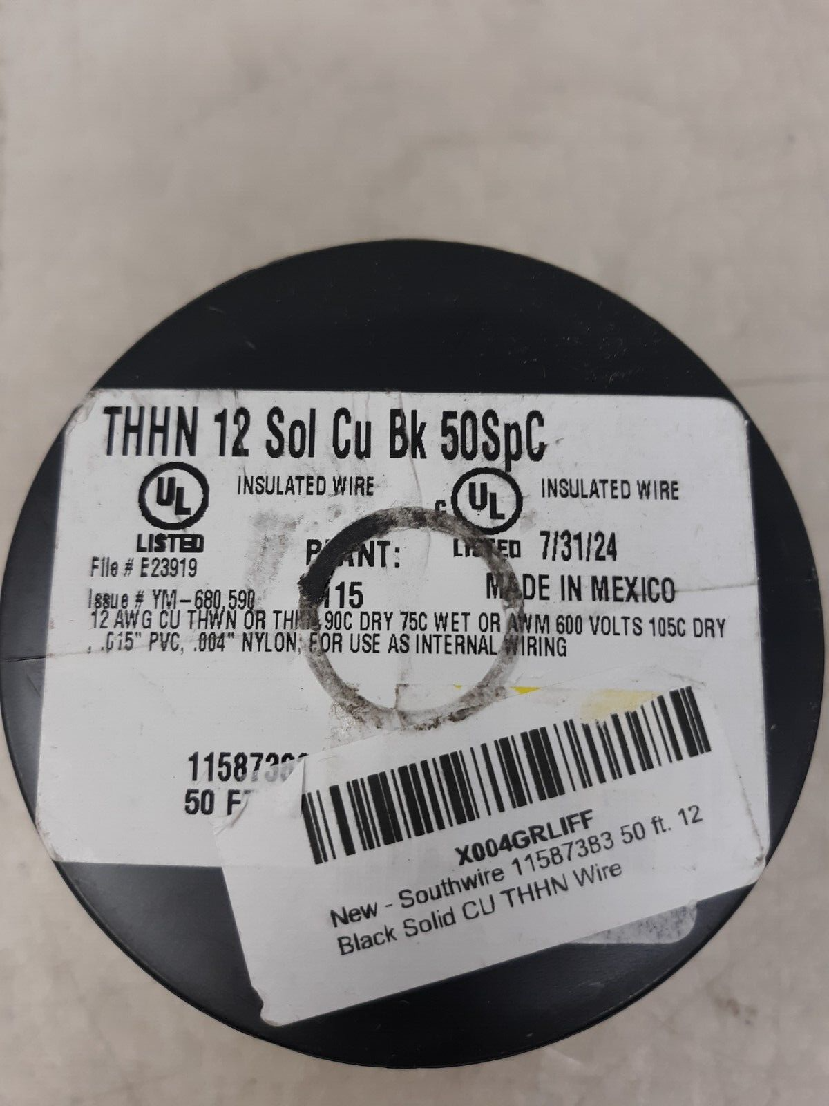 Southwire THHN 11591583 12 Solid Cu Black 50 SpC insulated Building Wire, UL