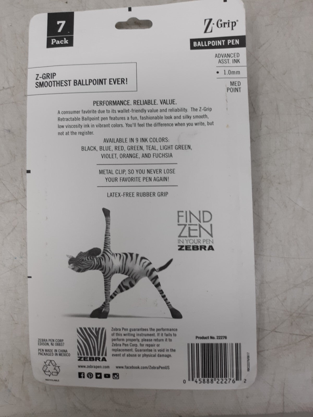 Zebra Z-Grip Retractable Ballpoint Pen Assorted Ink Medium 7/Pack 22276