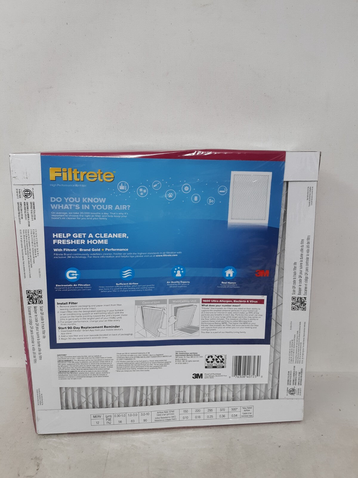 4pk Filtrete 1600 MPR Ultra Allergen Bacteria & Virus Furnace/AC Filter 12x12x1