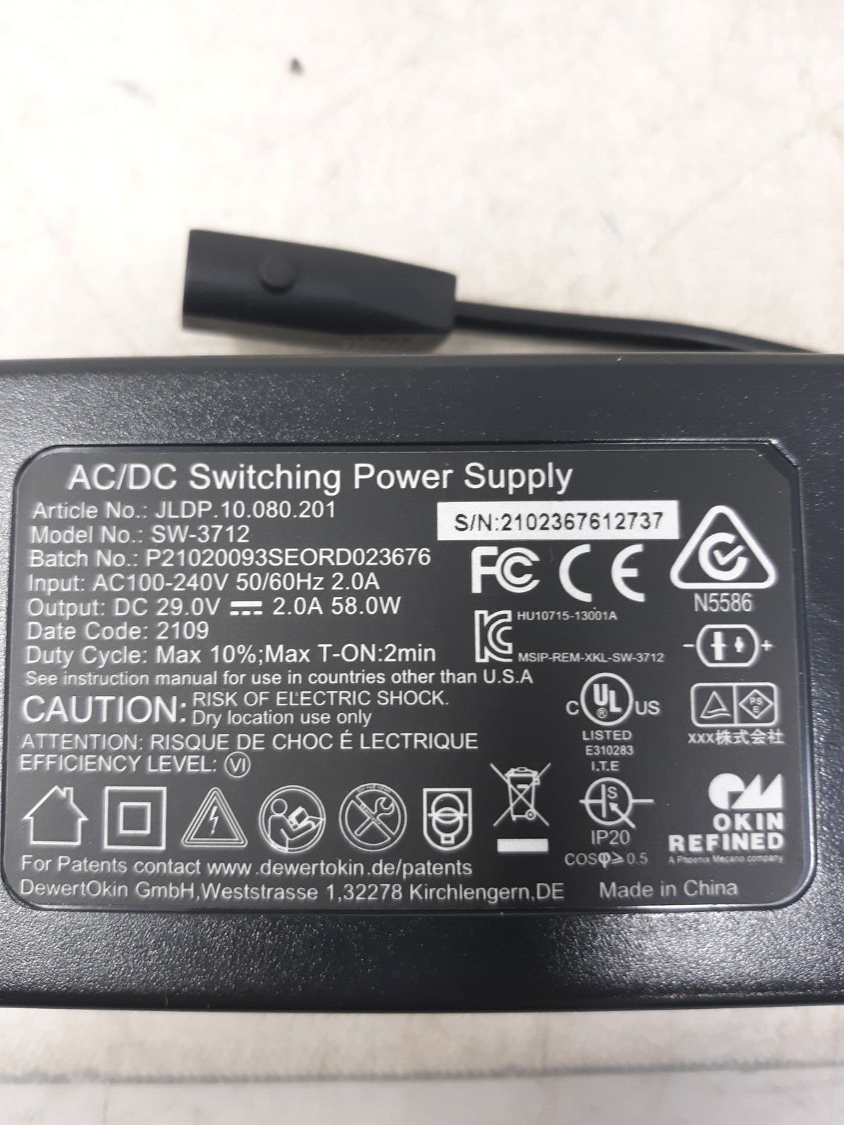 Okin Refined JLDP.10.080.201/SW-3712 29V 2A Power Supply No Power Cord