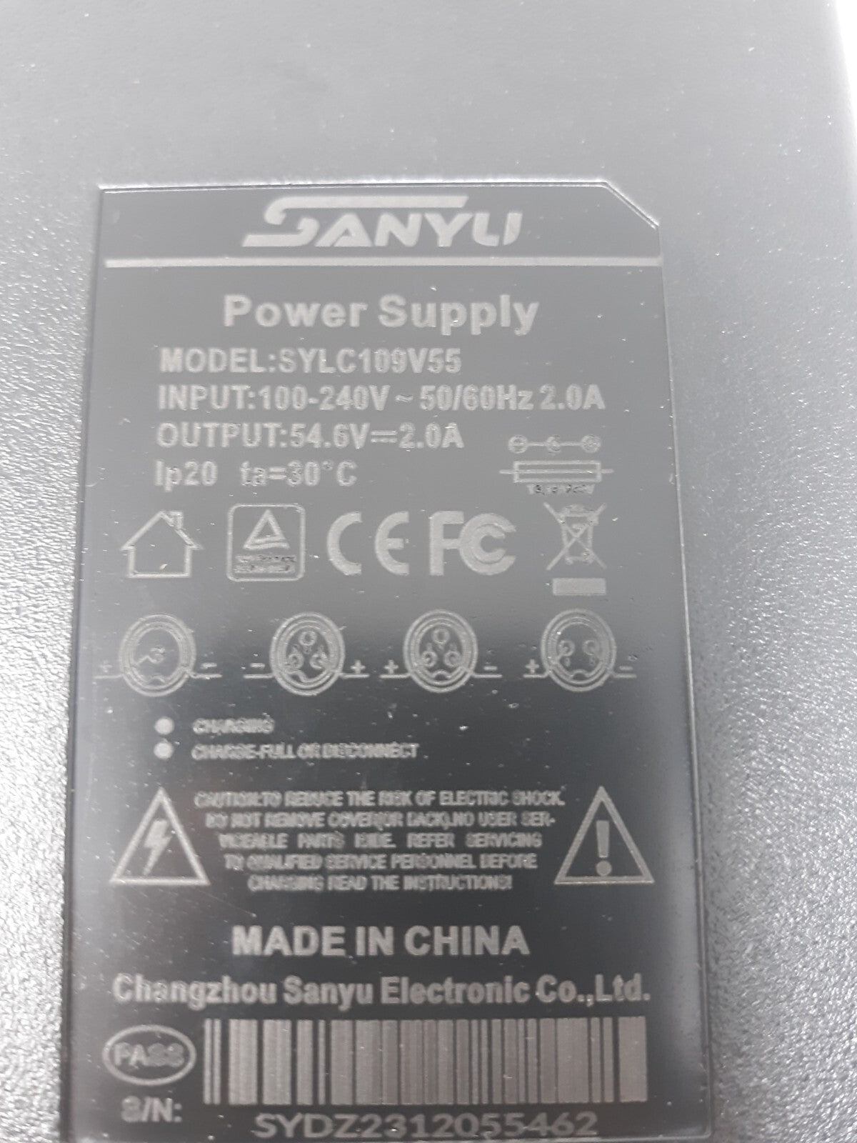 SANYU SYLC109V55 AC Adapter HD 48 Volt Lithium Battery Electric Bike