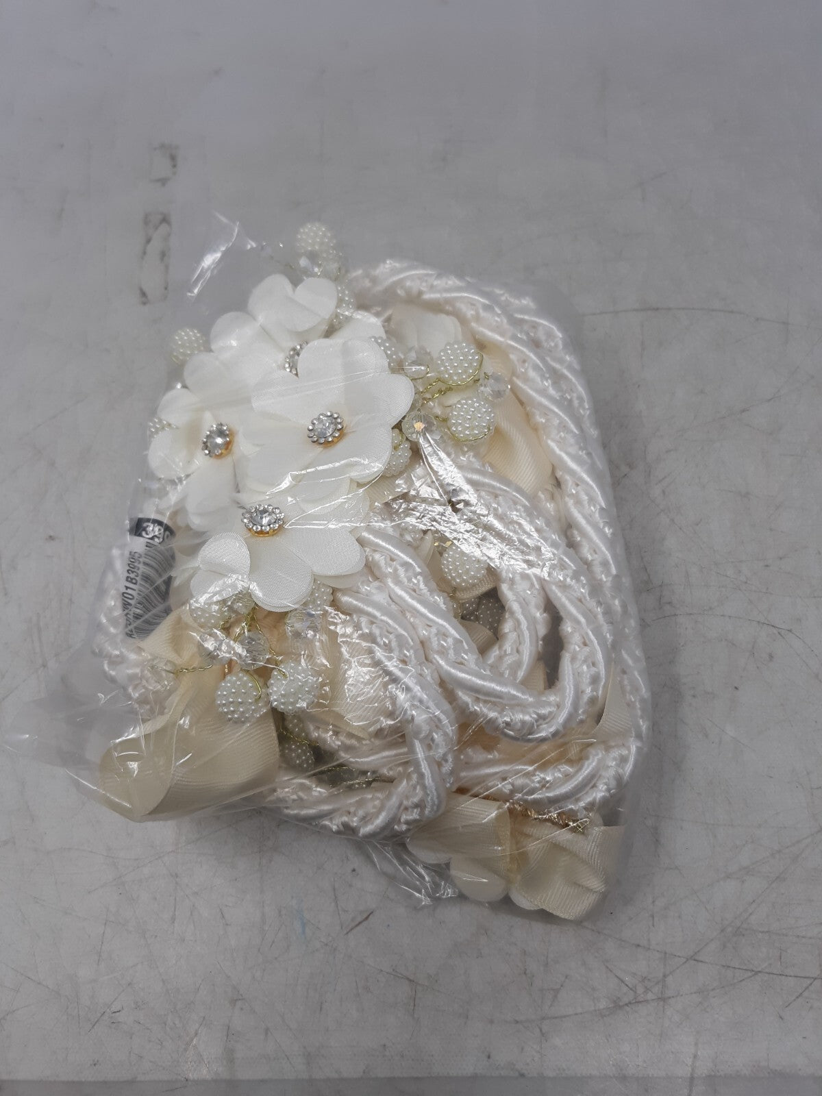 White Satin Floral Wedding Garland with Pearls & Rhinestones - Bridal Décor