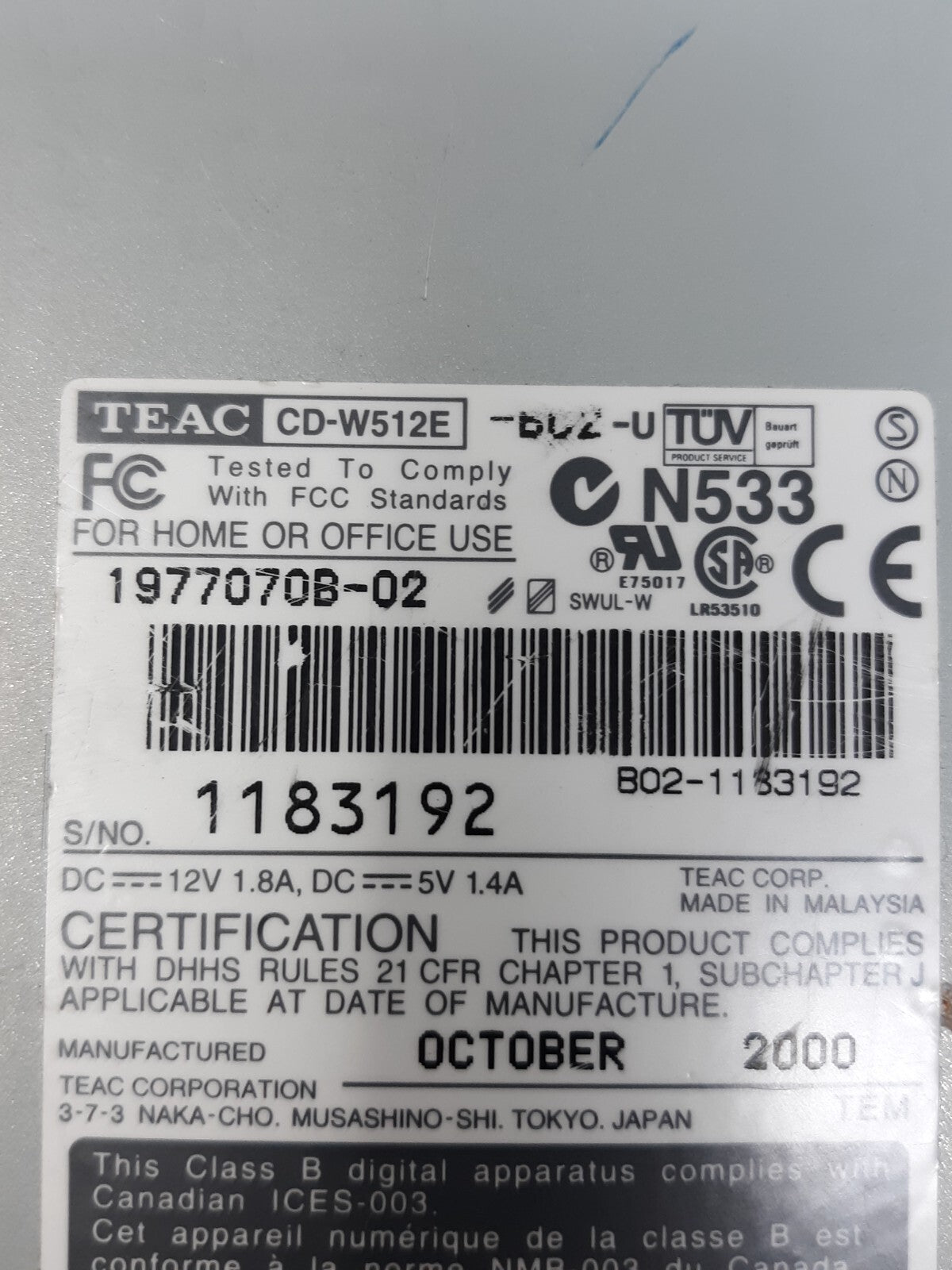 TEAC 1977070B-02 CD-W512E-B02 CD-RW Drive