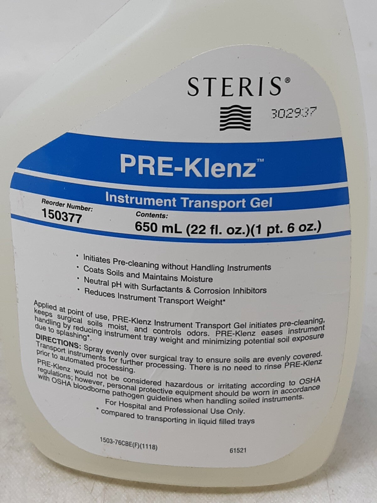 Steris Pre-Klenz Instrument Transport Gel Spray Bottle 22 fl oz 150377