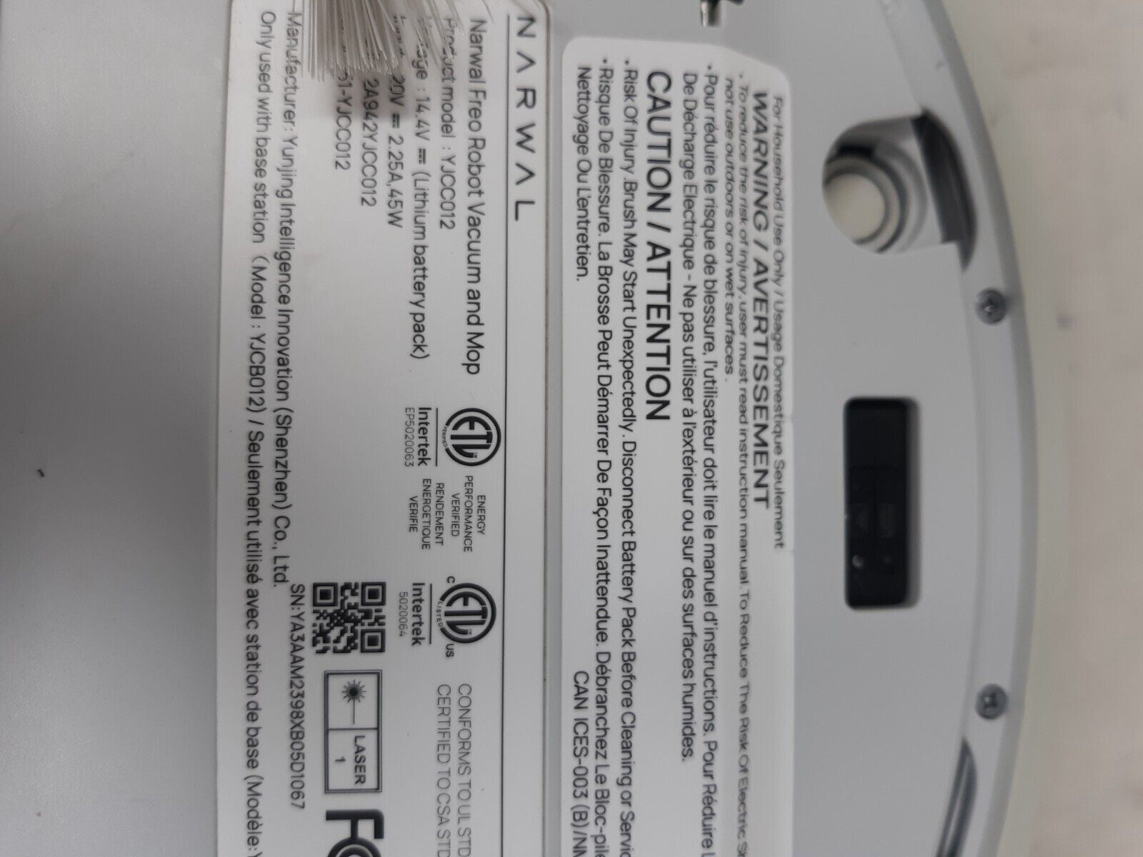 Narwal Freo YJCC012 Robot Vacuum & Mop Combo W/ Auto Mop Washing & Drying