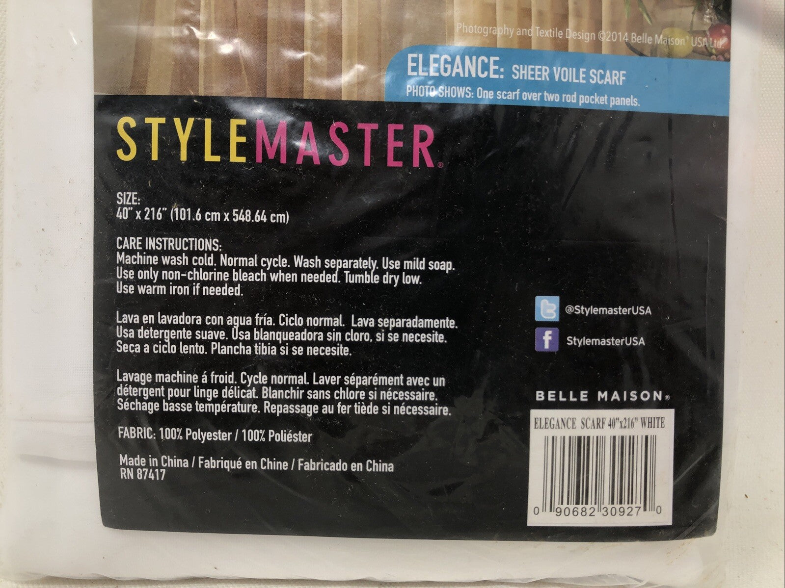 STYLEMASTER ELEGANCE SHEER WHITE SCARF, POLYESTER 40" x 216"  (101.6CMx548.64CM)