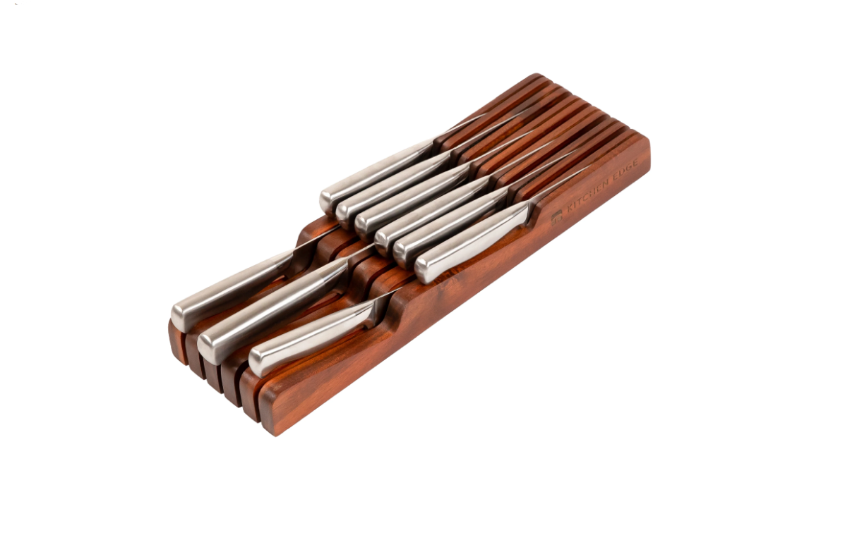 Kitchen Edge Knife Block Holder Organizer - Acacia - Holds 11 knifes For Drawers
