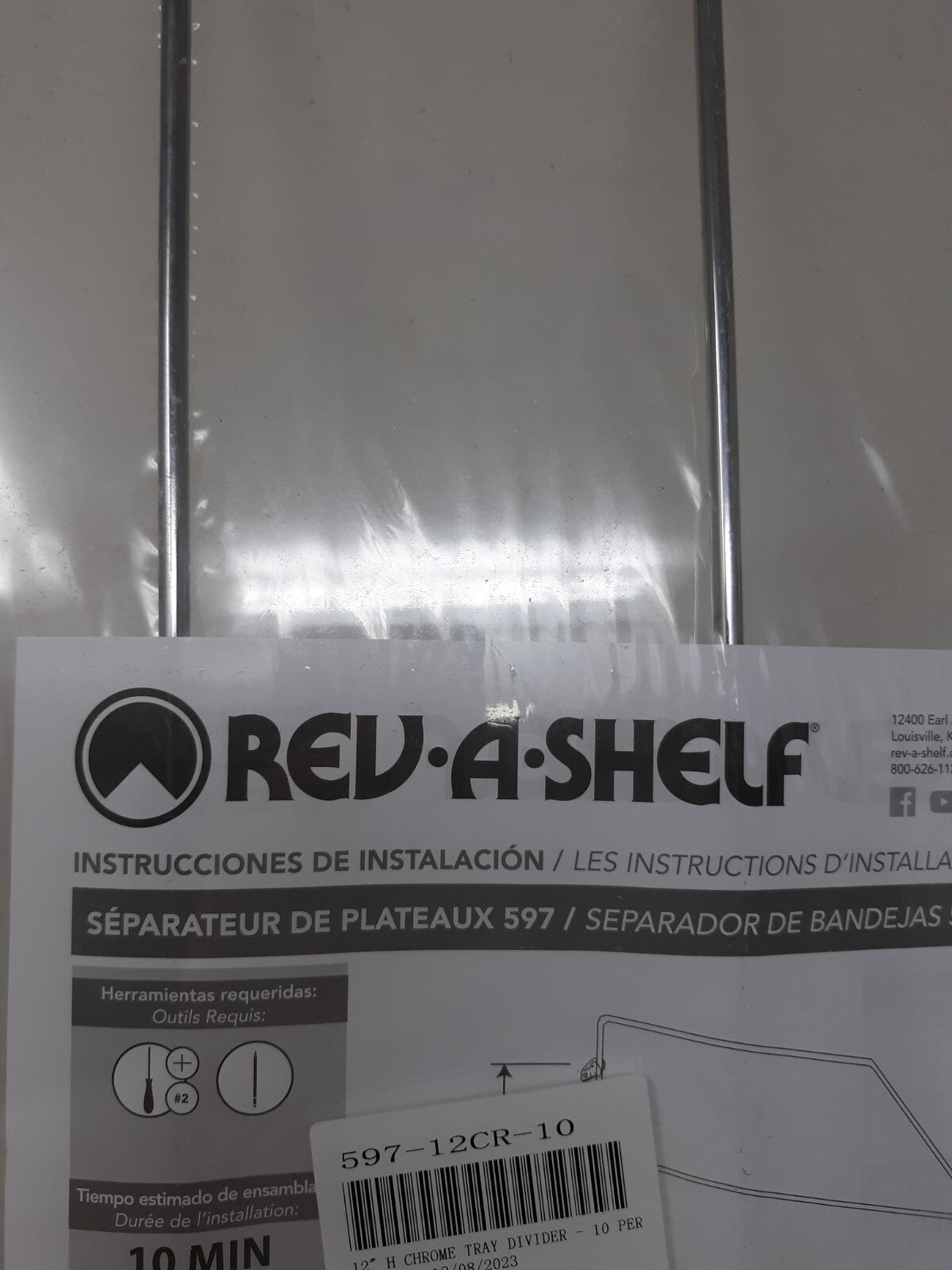 Rev-A-Shelf 597 Series 12 Inch Tray Divider with Mounting Clips - Chrome