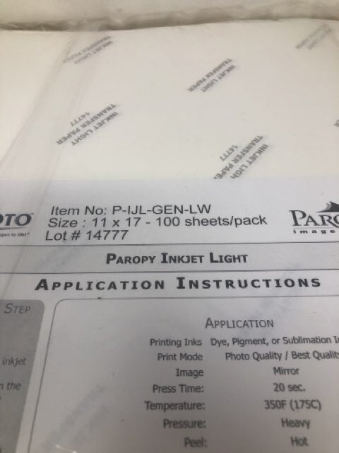 PAROPY INKJET LIGHT TRANSFER PAPER - Tablet Size 11"x17" PACKAGE (100 SHEETS)