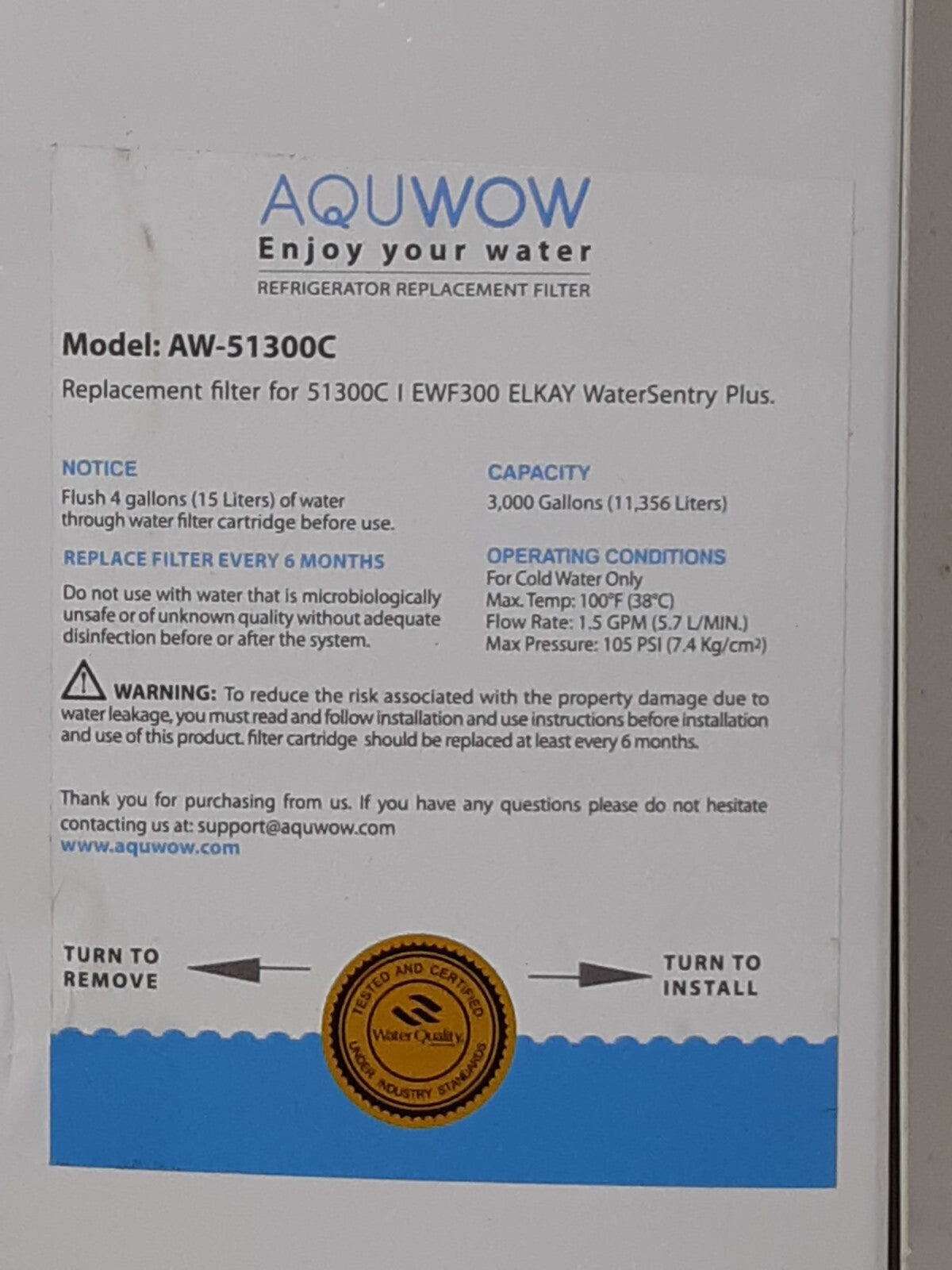 AQUWOW Water Filter Replacement Cartridge 51300C