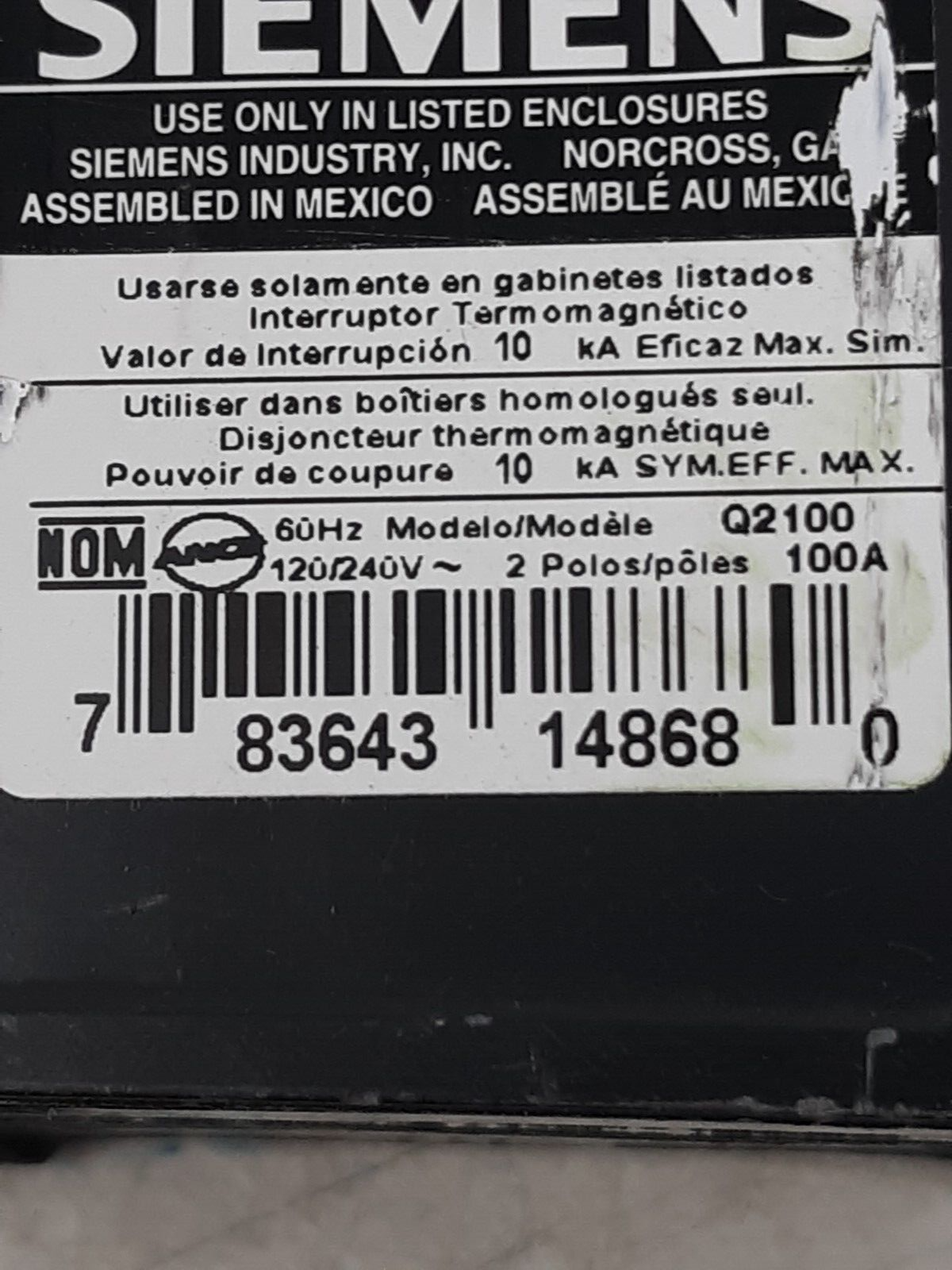 Siemens Q2100 100A 2-Pole Circuit Breaker 120/240V 10kA