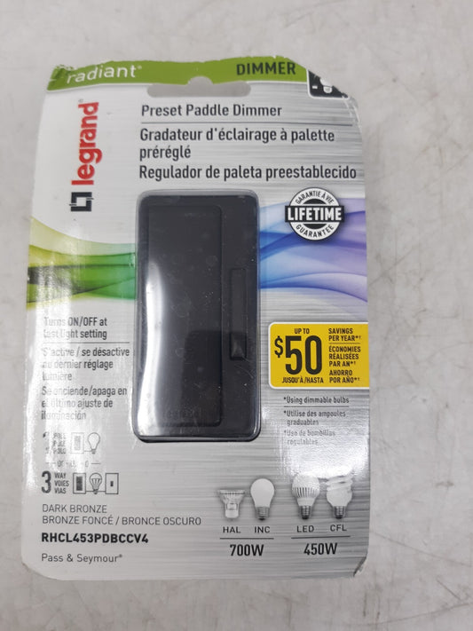 LEGRAND Radiant Preset Paddle Dimmer Switch DARK BRONZE #RHCL453PDBCCV4 450-700W