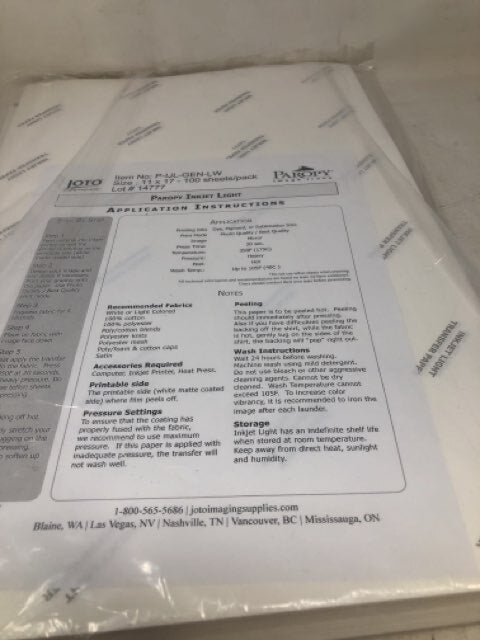 PAROPY INKJET LIGHT TRANSFER PAPER - Tablet Size 11"x17" PACKAGE (100 SHEETS)