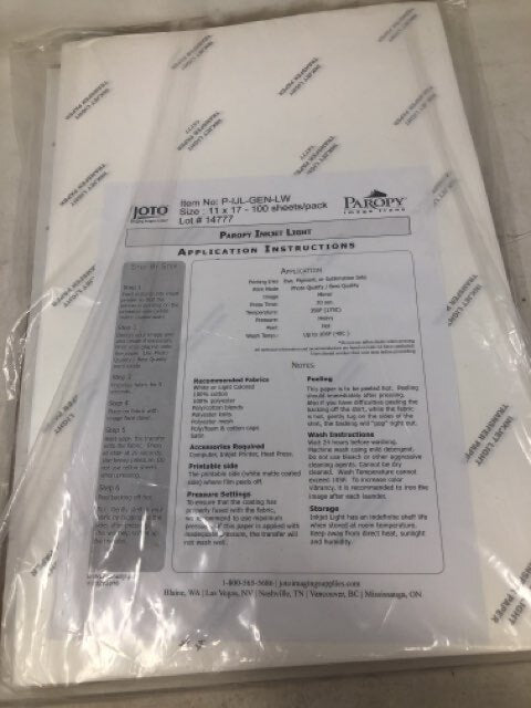 PAROPY INKJET LIGHT TRANSFER PAPER - Tablet Size 11"x17" PACKAGE (100 SHEETS)