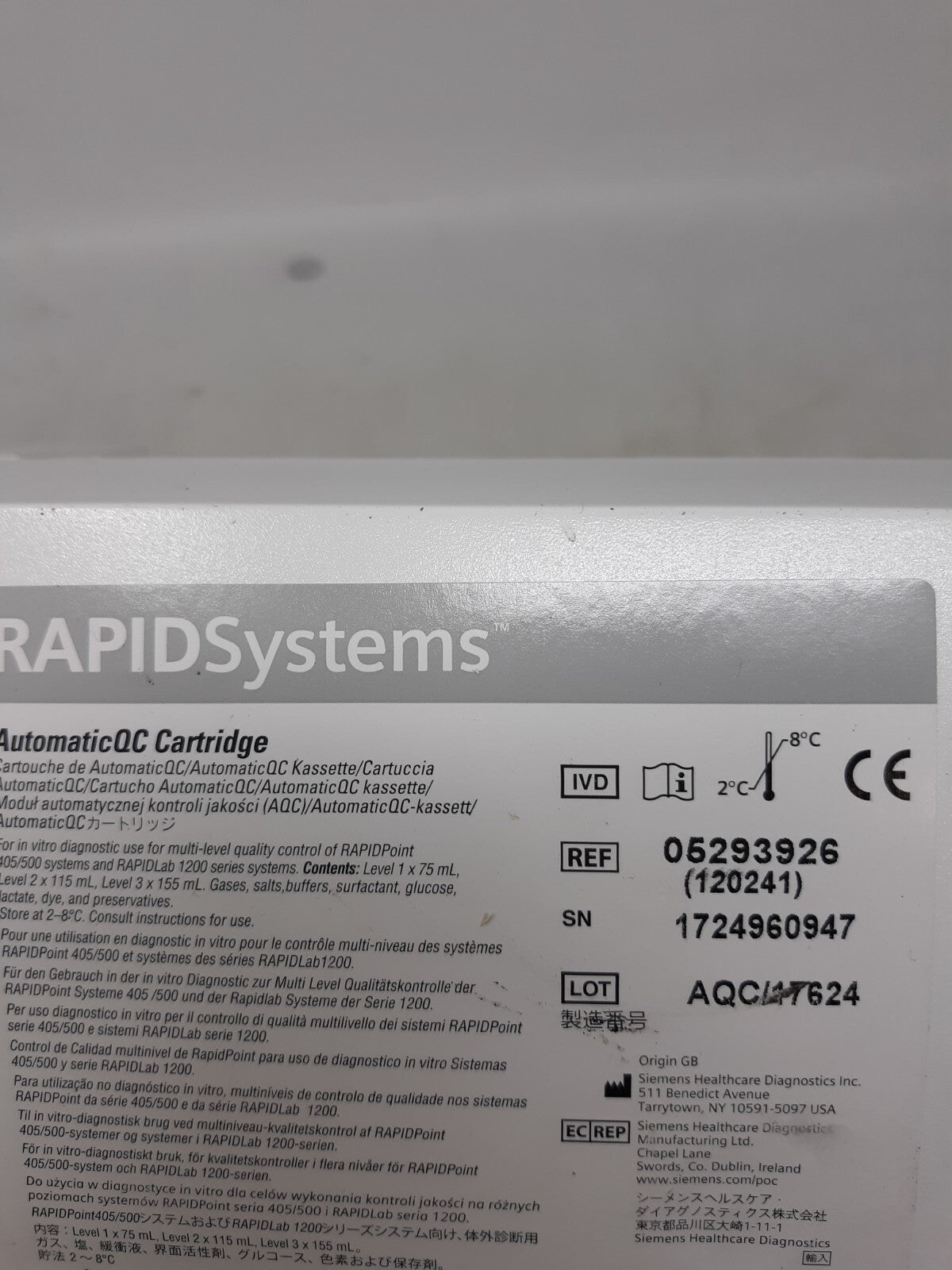 Siemens RAPIDSystems AutomaticQC Cartridge 05293926 for RAPIDPoint 405/500/550/1