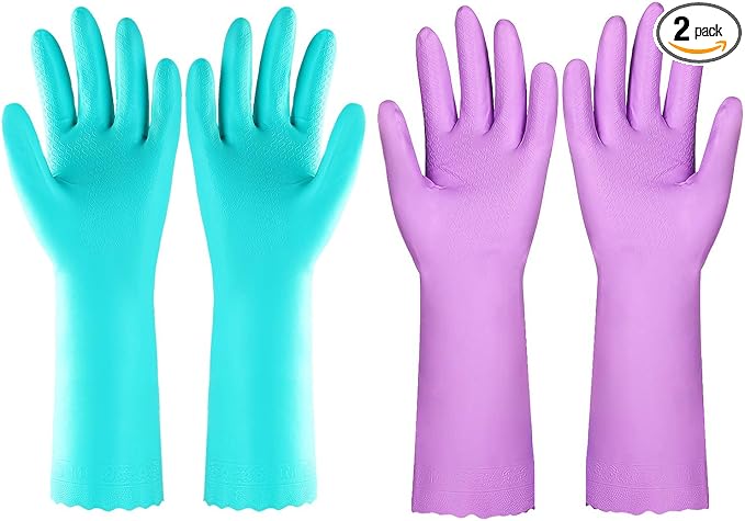 Elgood Reusable Dishwashing Cleaning Gloves with Latex free, Cotton lining,Kitchen Gloves 2 Pairs,Purple & Blue Medium