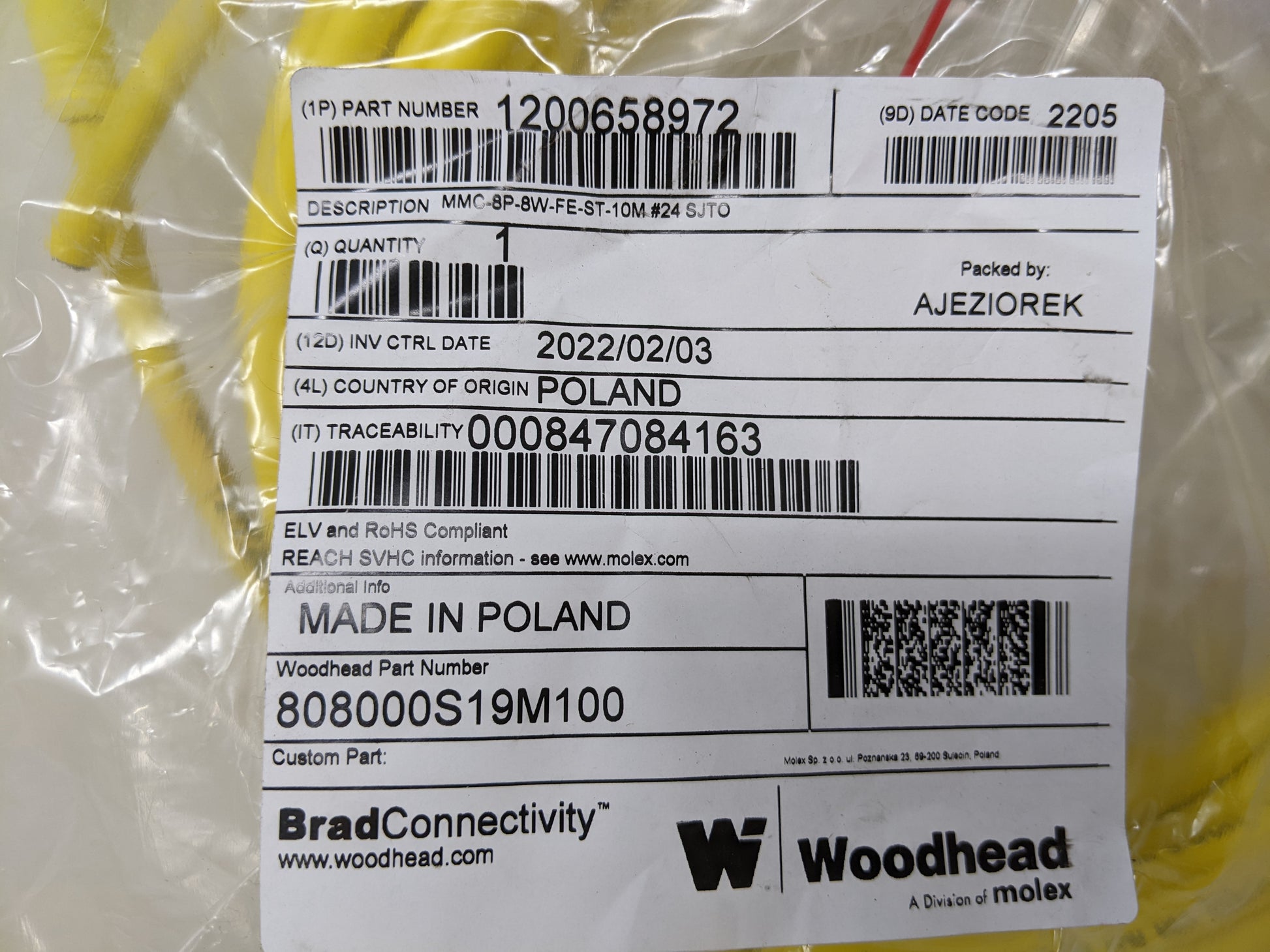 Woodhead Sensor/Actuator Cable - Yellow, 32'
