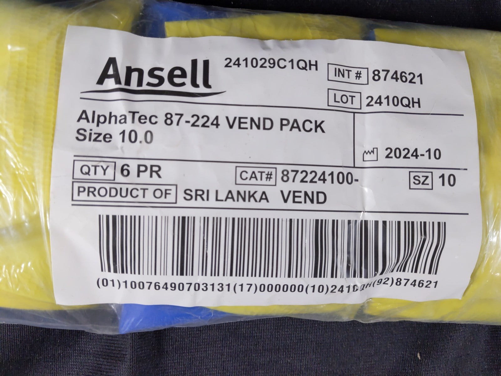 Ansell AlphaTec 87-224 (Chemi-Pro) Size 10 Chemical-Resistant Gloves QTY 6 Pair
