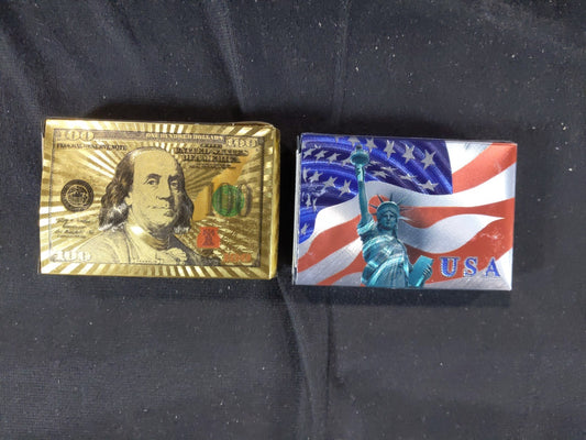 2 Deck USA Metallic Playing Cards Gold 100$ dollar and Silver USA Liberty Theme