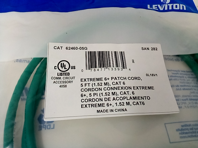 Leviton 62460-5G 5-Foot EXtreme 6 Standard Patch Cord - Green