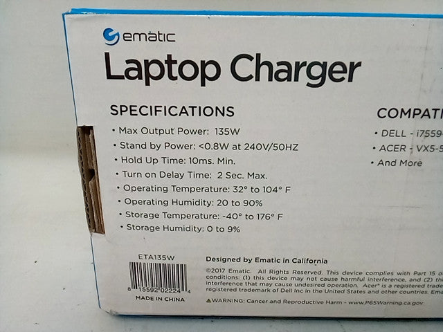 Ematic Eta135 135-watt Universal Gaming Laptop Charger (1113295)