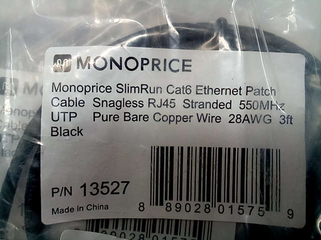 Monoprice SlimRun Cat6 28AWG UTP Ethernet Network Cable 13527  3ft Black, 10Qty.