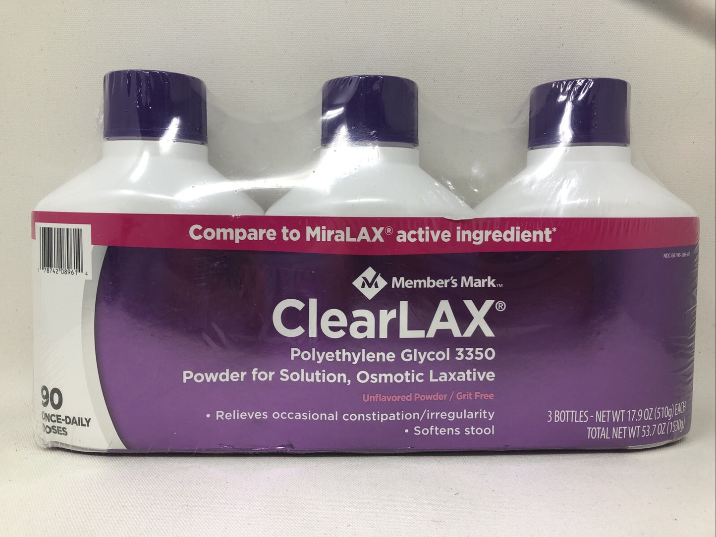 Member's Mark ClearLAX Polyethylene Glycol 3350 Powder, 17.9 oz., 3 pk