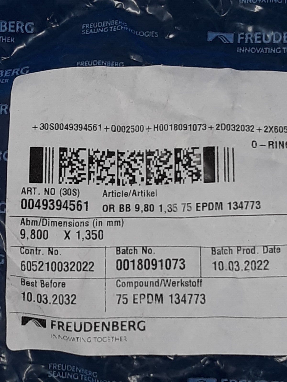 Freudenberg 0049394561 O-Ring 9.8mm x 1.35mm 75 EPDM 134773 Lot of 2500