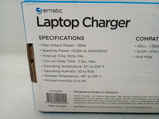 Ematic Eta135 135-watt Universal Gaming Laptop Charger (1113295)