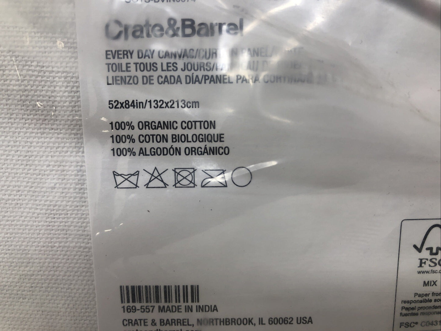 Crate & Barrel White Curtain Panel, Organic Cotton Canvas  52x84in / 132x213cm