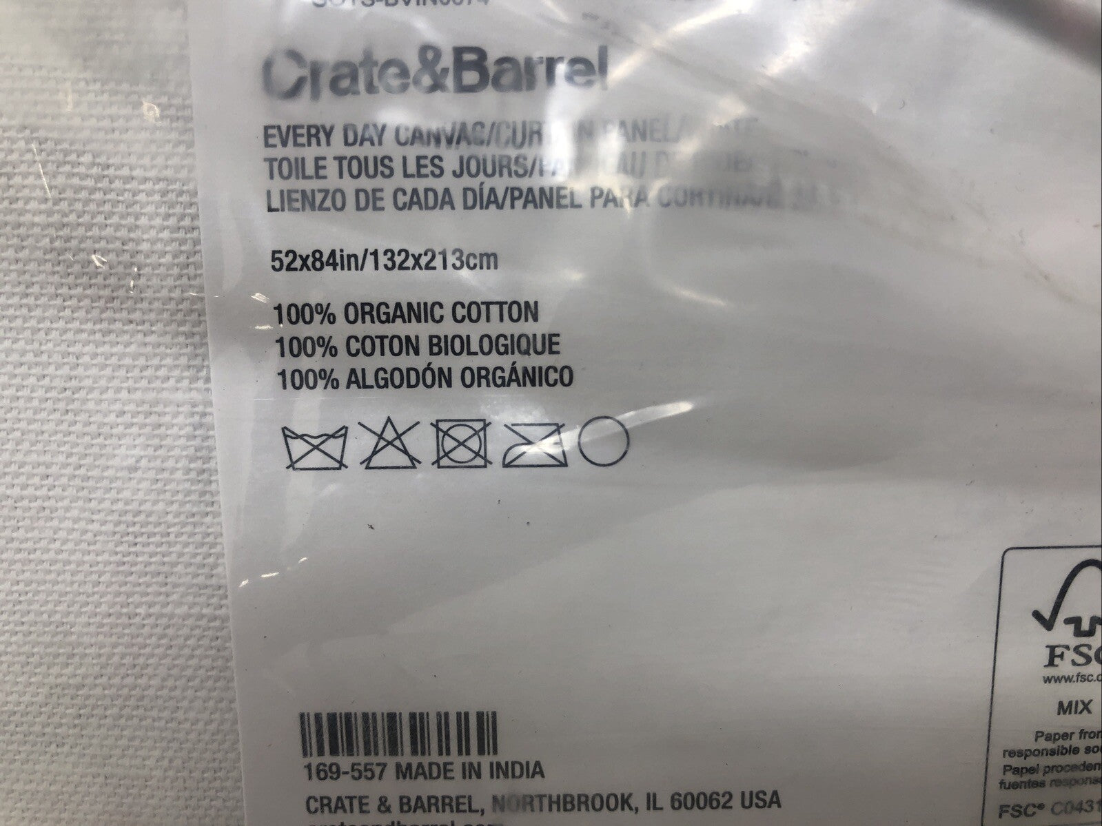 Crate & Barrel White Curtain Panel, Organic Cotton Canvas  52x84in / 132x213cm