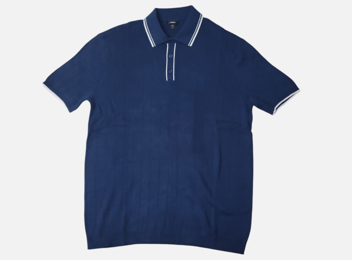 Express Polo -Pageant Blue- Men's Short Sleeve 3 Buttons Collared Sweater Size L