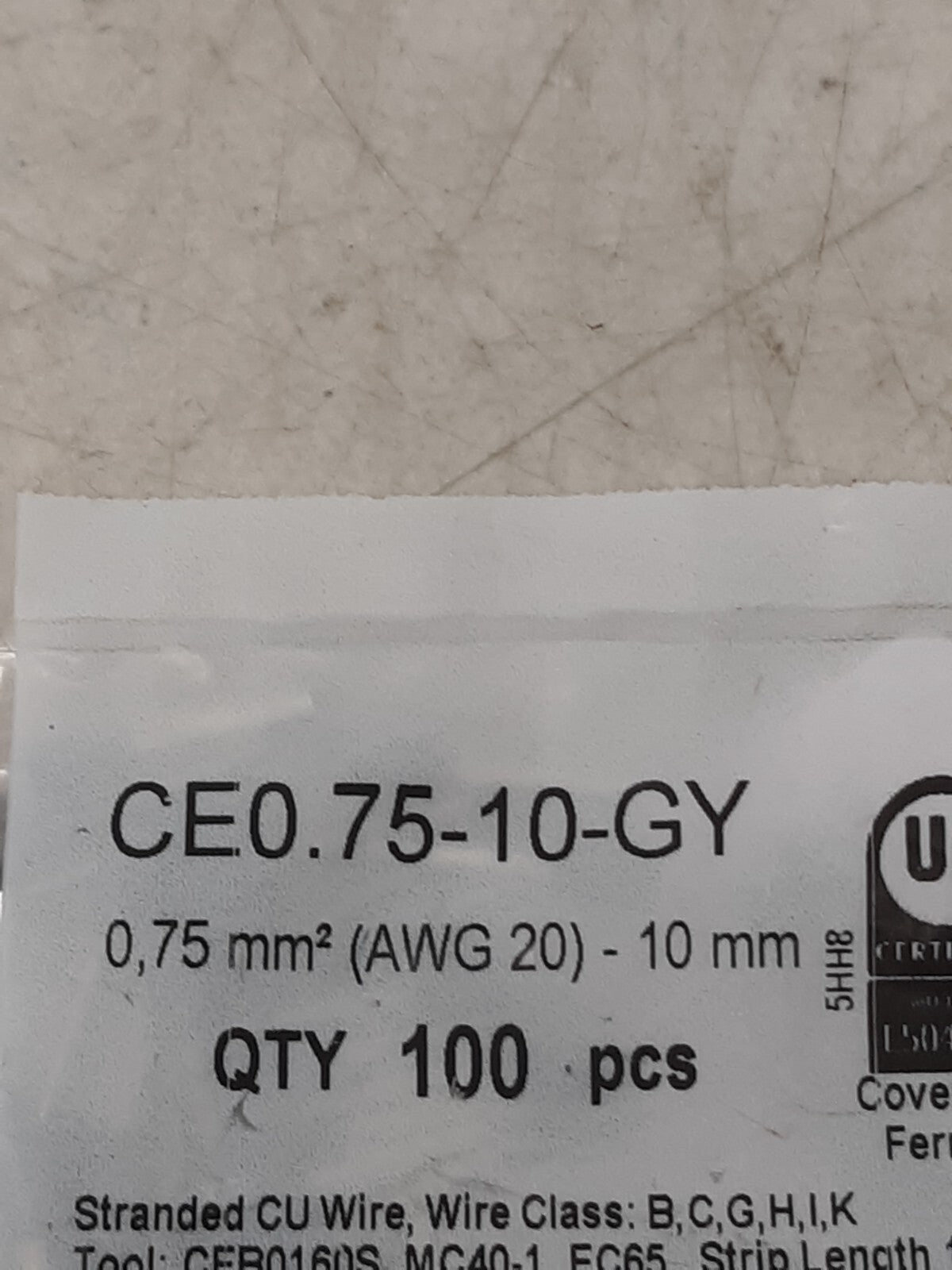 Fuji CE0.75-10-GY Wire Ferrules 0.75mm² AWG20 10mm Gray Qty 100