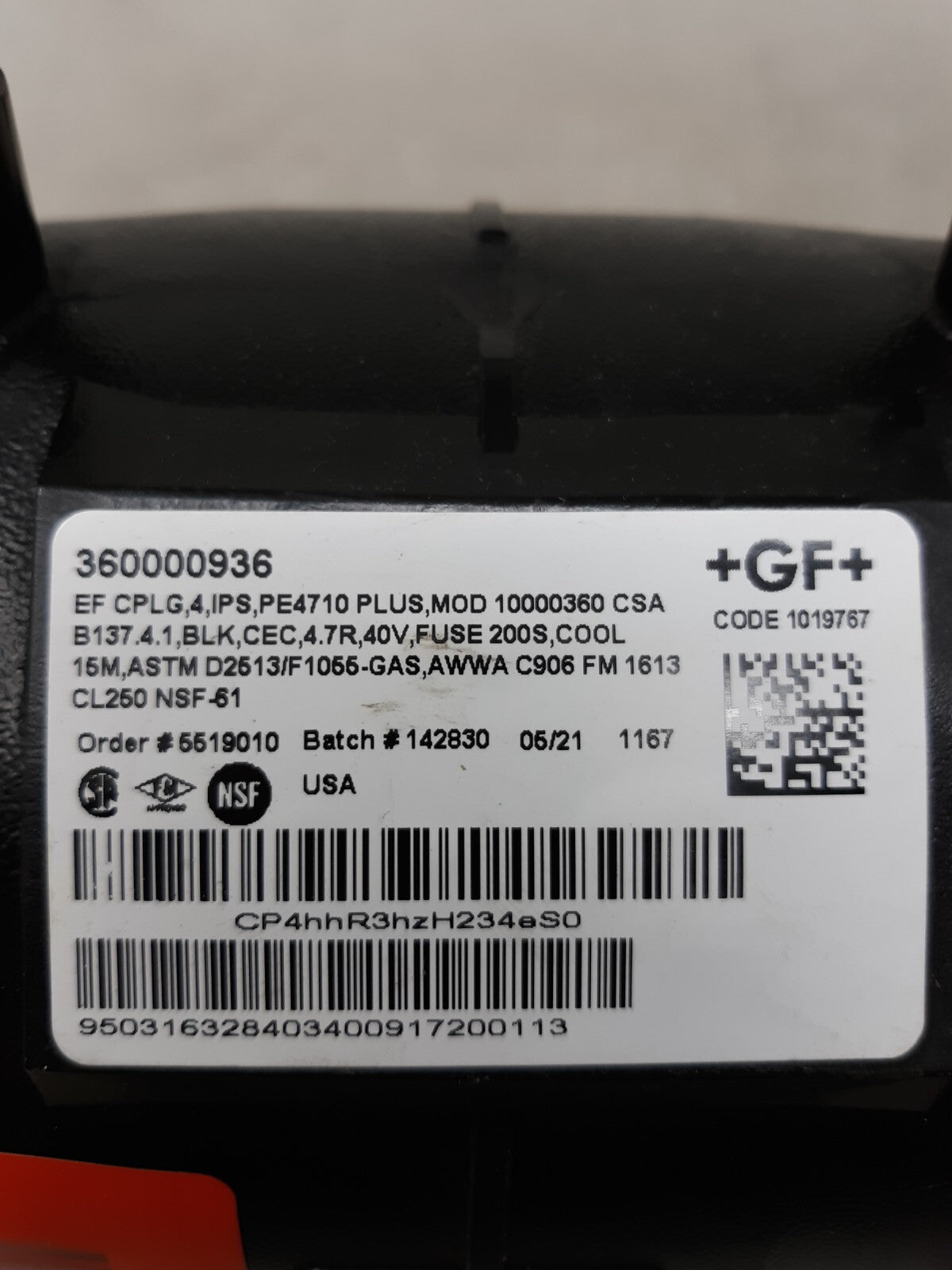 Central 10000360 Electrofusion Coupling 4 IPS 360000936 PE4710 Sidewall Fusion