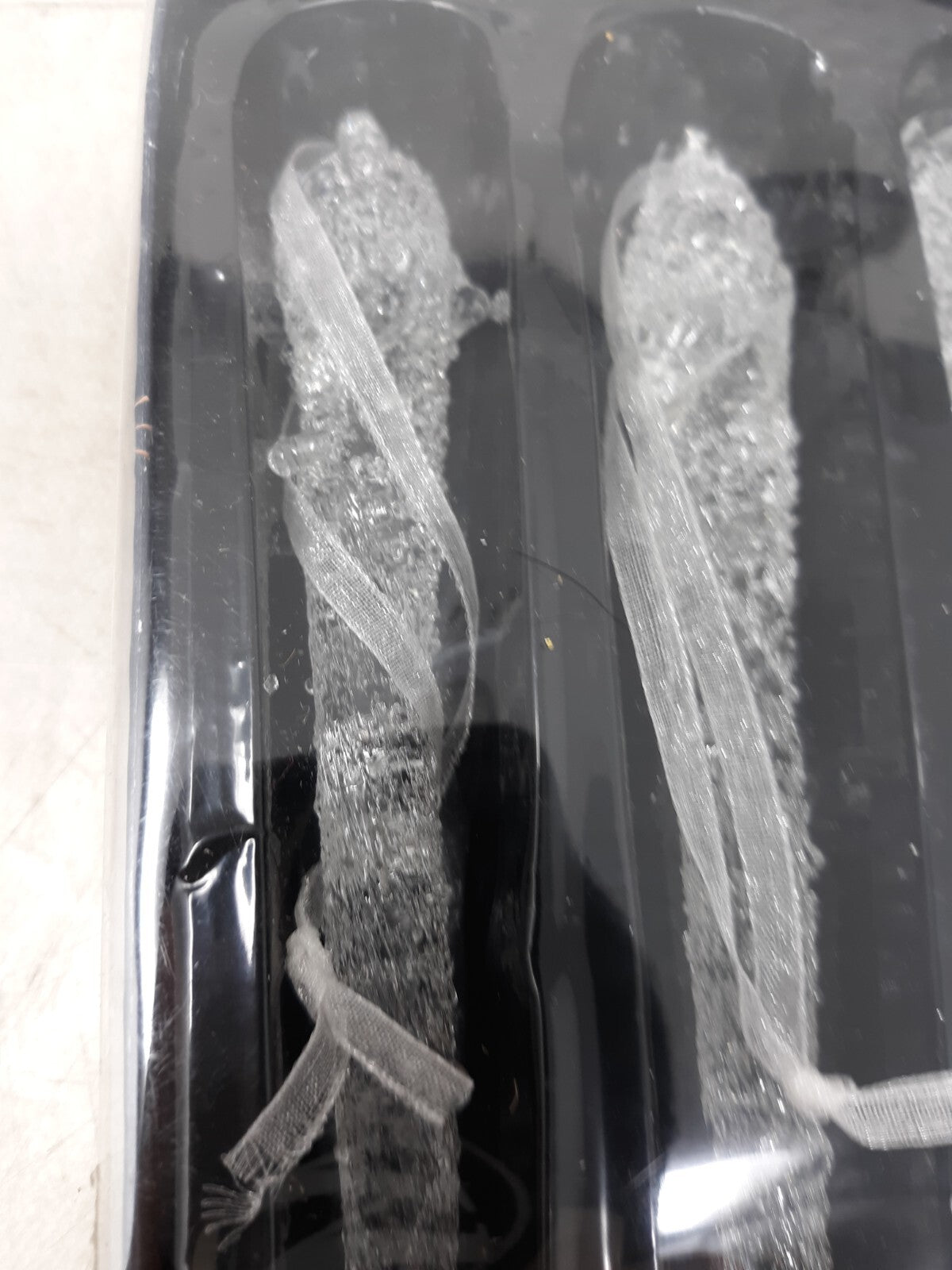 Christmas Ornaments Set/3 Glass Icicle Clear w/Silver Glitter Inside 8 inch