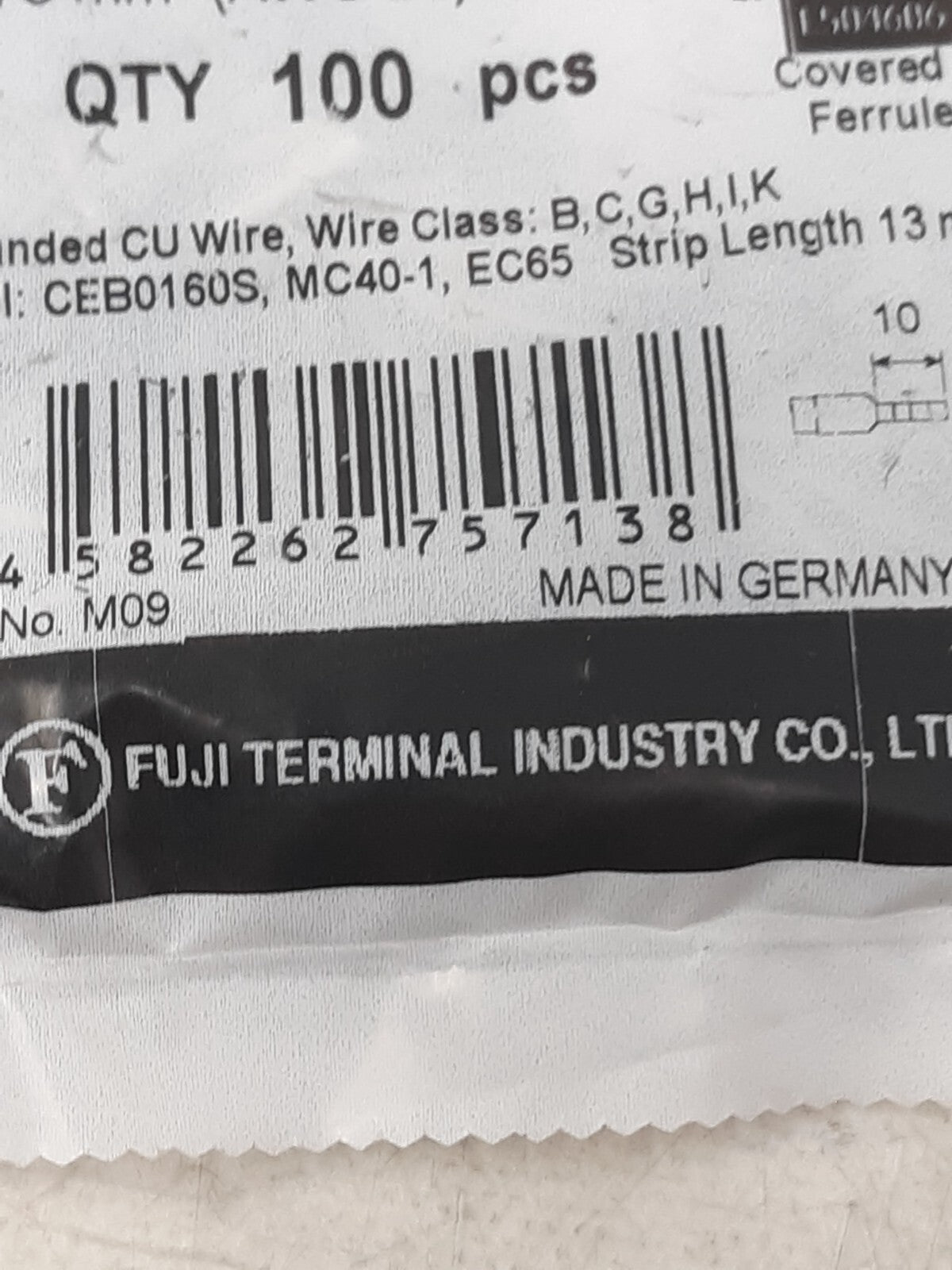 Fuji CE0.75-10-GY Wire Ferrules 0.75mm² AWG20 10mm Gray Qty 100