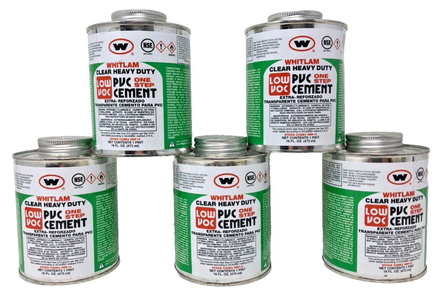 Lot of 5 - Whitlam Low VOC Clear Heavy Duty One Step PVC Cement 16 oz.